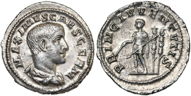 MAXIMUS César (235-238), AR denier, 236-238, Rome. D/ MAXIMVS CAES GERM B. dr. à...