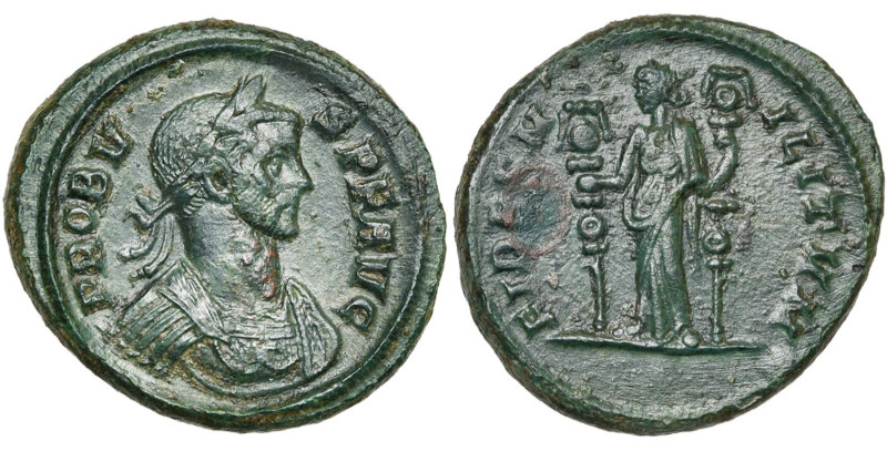 PROBUS (276-282), AE as, Rome. D/ PROBVS PF AVG B. l., cuir à d., vu de f. R/ FI...