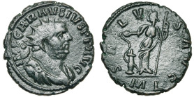 CARAUSIUS (287-293), AE antoninien, Londres. D/ IMP CARAVSIVS P F AVG B. r., dr. à d. R/ SALVS AVG/ ML Salus deb. à g., nourrissant de la d. un serpen...
