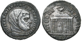 MAXIMIEN HERCULE divinisé, AE follis, 309-311, Ostie. Frappé sous Maxence. D/ DIVO MAXIMIANO PATRI MAXENTIVS AVG T. voilée à d. R/ AETERNA MEMORIA/ MO...