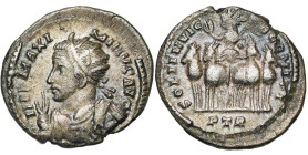 MAXIMIN II DAZA Auguste (309-313), argenteus de billon, 313, Trèves. D/ IMP MAXI-MINVS AVG B. r., dr., cuir. à g., la main d. levée, ten. un globe de ...