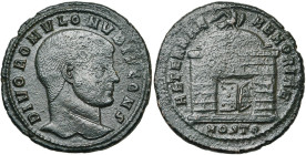 ROMULUS divinisé (†309), fils de Maxence, AE follis, 309, Ostie. D/ DIVO ROMVLO N V BIS CONS T. à d. R/ AETERNAE- MEMORIAE/ MOSTQ Temple surmonté d'un...