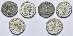CARACALLA (196-217), lot de 3 deniers: R/ Victoire à g., Liberalitas, Mars.

Très Beau à Superbe