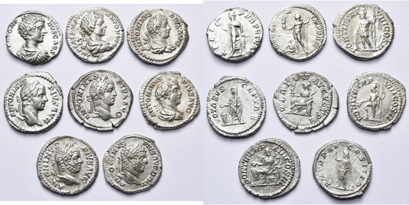 CARACALLA (196-217), lot de 8 deniers: César, R/ Spes; Auguste, R/ L'empereur te...