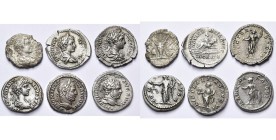 CARACALLA (196-217), lot de 6 deniers: César, R/ Lituus, apex, bucrâne et simpulum (tbc); Auguste, R/ Dea Caelestis, Sol, Moneta, Liberalitas, Mars.
...