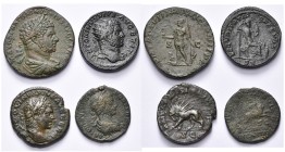 CARACALLA (196-217), lot de 4 bronzes: sesterce, R/ Roma; dupondius, R/ Securitas; as, R/ Lion (petit éclat), Dea Caelestis (tbc).

Beau à Très Beau...