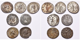 TACITE (275-276), lot de 7 antoniniens: R/ Felicitas, Pax, Laetitia, Mars ten. une branche d'olivier, Fides, Spes, Mars marchant à d. Plusieurs avec t...