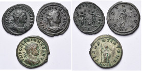 FLORIEN (276), lot de 3 antoniniens: R/ Fides et Sol (TB), L'empereur ten. une lance et un globe, Clementia (partiellement argenté, avec taches de ver...