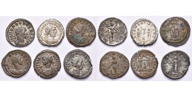 PROBUS (276-282), lot de 6 antoniniens: R/ Mars, L'empereur et Jupiter (TB à SUP, argenté), Fides, Pietas, Roma assise dans un temple, Felicitas. Atel...