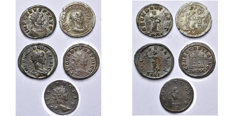 CARUS (282-283), lot de 5 antoniniens: R/ Abundantia, L'empereur et Jupiter, Spe...