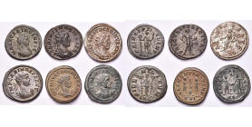 CARINUS, lot de 6 antoniniens: César, R/ Le prince ten. un étendard, Le prince ten. un globe et une lance; Auguste, R/ Aequitas (SUP, en grande partie...