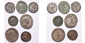 DIOCLETIEN (284-305), lot de 7 p.: antoninien, R/ Jupiter Tutator, Securitas (vert-de-gris), Jupiter Conservator (taches de vert-de-gris), L'empereur ...