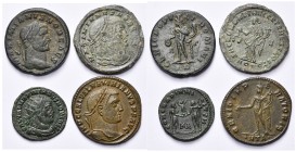 MAXIMIEN GALERE (293-311), lot de 4 bronzes: César, follis, R/ Génie, Moneta; fraction radiée, R/ Le prince et Jupiter (rare); Auguste, follis, R/ Gén...
