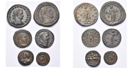 MAXIMIN II DAZA (305-313), lot de 6 p.: César, follis, R/ Génie, Carthage; Auguste, follis, R/ Génie, Sol; argenteus de billon, R/ Sol dans un quadrig...