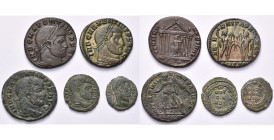 MAXENCE Auguste (306-312), lot de 5 bronzes: follis, R/ Roma assise dans un temple, Castor et Pollux, Victoire; 1/3 follis, R/ Inscription dans une co...