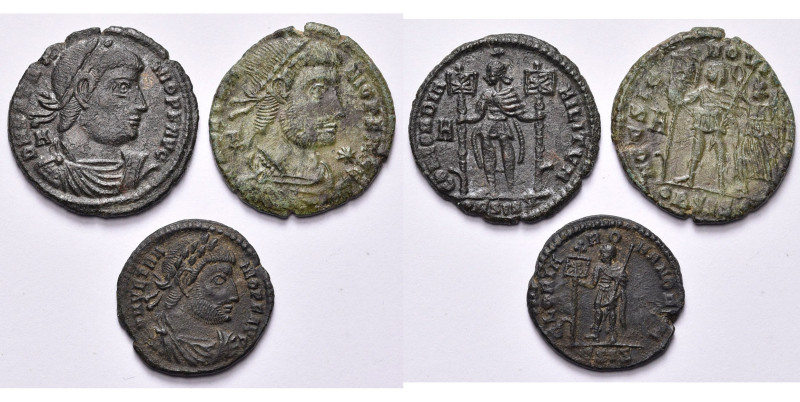 VETRANIO (350), lot de 3 bronzes: centenionalis, R/ L'empereur ten. deux étendar...