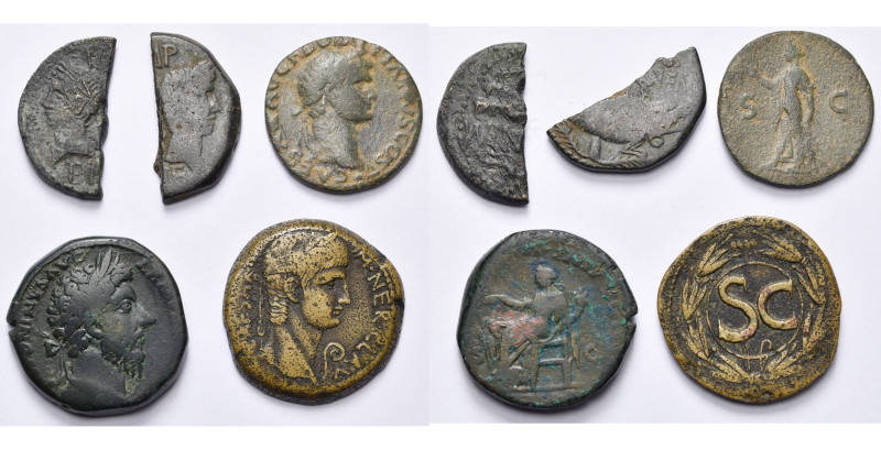 lot de 5 bronzes: Auguste, 1/2 as (2), D/ T. d'Agrippa, T. d'Auguste; Domitien, ...