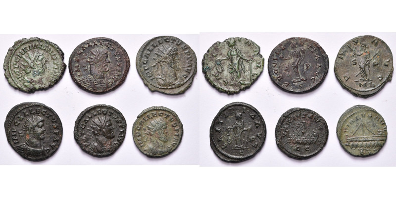 lot de 6 antoniniens: Carausius, R/ Laetitia; Allectus, R/ Providentia, Pax, Lae...