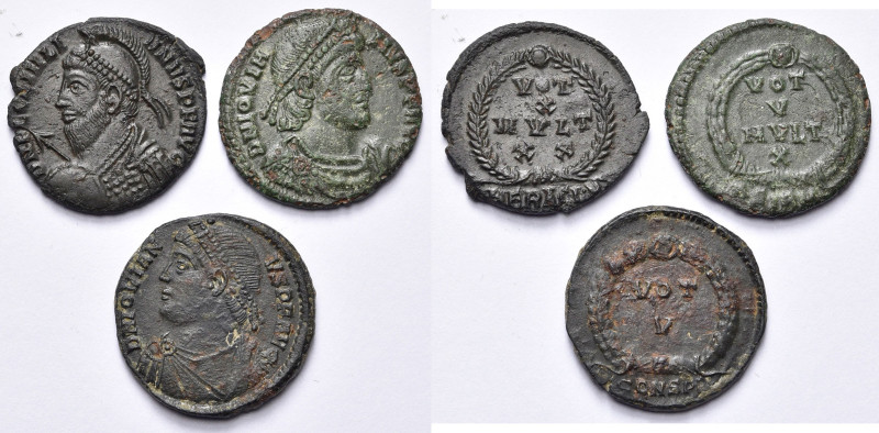 lot de 3 folles: Julien II, Héraclée, R/ Inscription dans une couronne; Jovien, ...