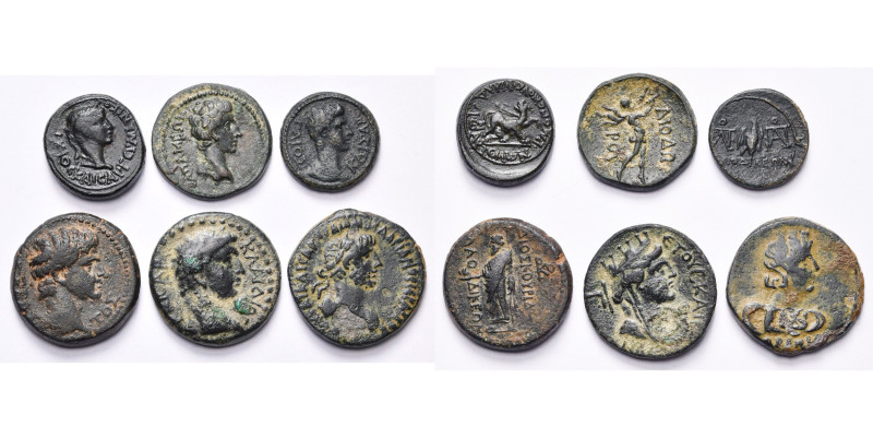 lot de 6 bronzes: Lydie, Philadelphie, Caligula, R/ Panthère à d. ten. un thyrse...