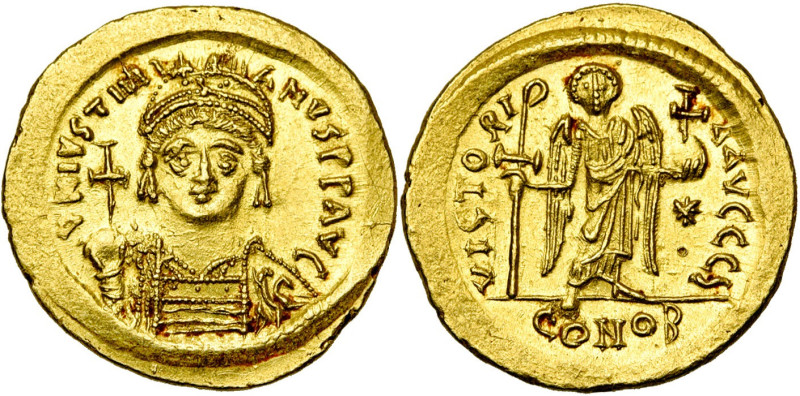 Justinien Ier (527-565), AV solidus, 542-565, Constantinople. Off. S. D/ B. casq...