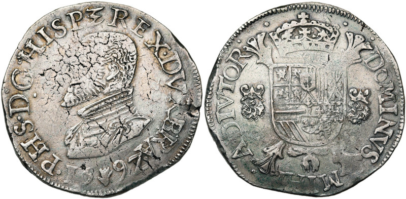 BRABANT, Duché, Philippe II (1555-1598), AR écu Philippe, 1597, Anvers. D/ B. cu...