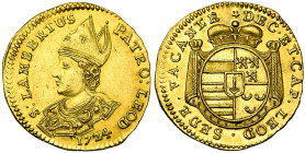 LIEGE, Principauté, Siège vacant (1724), AV double ducat au saint Lambert, 1724, Liège. Seulement 100 p. frappées. D/ B. mitré du saint à g. R/ Ecu co...