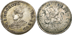 LIEGE, Principauté, Siège vacant (1744), AR escalin, 1744, Liège. D/ B. mitré du saint à g. R/ Lion deb. à g., soutenant l'écu de Bouillon. A l'exergu...