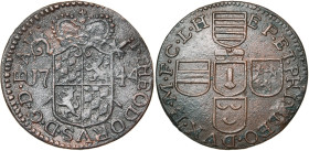 LIEGE, Principauté, Jean Théodore de Bavière (1744-1763), Cu liard, 1744, Liège. D/ Ecu couronné, posé sur une crosse et une épée en sautoir, entre 17...