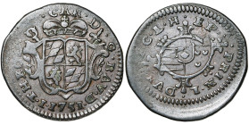 LIEGE, Principauté, Jean Théodore de Bavière (1744-1763), plaquette, 1751, Liège. Frappée en cuivre, sur un flan de liard. D/ Ecu couronné de l'évêque...