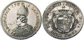 LIEGE, Principauté, Siège vacant (1763), AR écu au saint Lambert (patagon), 1763, Liège. 300 p. frappées. D/ B. mitré du saint à g. R/ Cartouche couro...