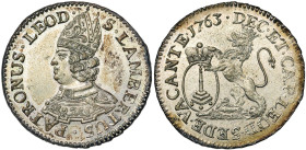LIEGE, Principauté, Siège vacant (1763), AR escalin, 1763, Liège. D/ B. mitré du saint à g. R/ Lion deb. à g., soutenant l'écu de Liège. Chestret 695;...
