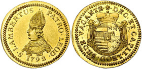 LIEGE, Principauté, Siège vacant (1792), AV ducat au saint Lambert, 1792, Liège. 150 p. frappées. D/ B. mitré du saint à g. R/ Ecu couronné aux armes ...