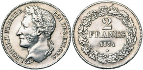 BELGIQUE, Royaume, Léopold Ier (1831-1865), AR 2 francs, 1834. Pos. A. Lettres inclinées à d. Bogaert 89A1. Rare. Nettoyé.

Très Beau
