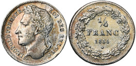 BELGIQUE, Royaume, Léopold Ier (1831-1865), AR 1/4 de franc, 1834. Avec signature. Dupriez 101. Coup sur la tranche.

Très Beau à Superbe