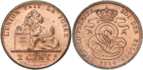 BELGIQUE, Royaume, Léopold Ier (1831-1865), Cu 2 centimes, 1844. BRAEMT F. avec point. Bogaert 218A. Petites taches.

Superbe à Fleur de Coin