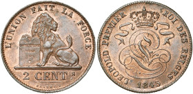 BELGIQUE, Royaume, Léopold Ier (1831-1865), Cu 2 centimes, 1845. BRAEMT F sans point. Dupriez 222.

Fleur de Coin