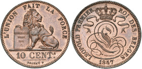 BELGIQUE, Royaume, Léopold Ier (1831-1865), Cu 10 centimes, 1847 sur 1837. BRAEMT F sans point. Dupriez 346; Bogaert -. Rare.

Fleur de Coin