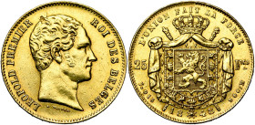BELGIQUE, Royaume, Léopold Ier (1831-1865), AV 25 francs, 1848. L WIENER sans point. Dupriez 372; Fr. 405. Nettoyé. Défaut de flan au droit.

presqu...