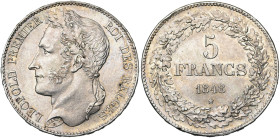 BELGIQUE, Royaume, Léopold Ier (1831-1865), AR 5 francs, 1848. Dupriez 375. Fines griffes au droit.

Superbe à Fleur de Coin