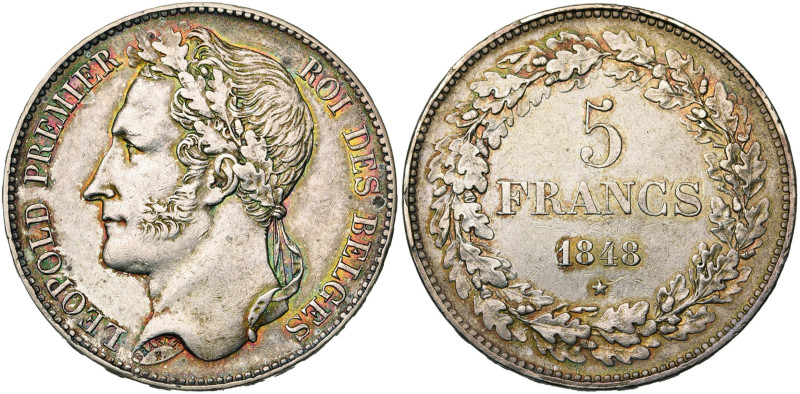 BELGIQUE, Royaume, Léopold Ier (1831-1865), AR 5 francs, 1848. Dupriez 375. Bell...