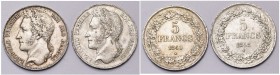BELGIQUE, Royaume, Léopold Ier (1831-1865), AR lot de 2 p.: 5 francs, 1848 et 1849, tête laurée. Nettoyées. Coups sur la tranche.

Très Beau à Super...