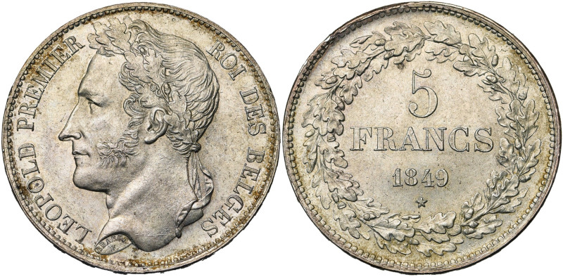 BELGIQUE, Royaume, Léopold Ier (1831-1865), AR 5 francs, 1849. Tête laurée. Dupr...