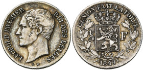 BELGIQUE, Royaume, Léopold Ier (1831-1865), AR 1/4 de franc, 1849. L W sans point. Dupriez 433. Très rare.

Très Beau