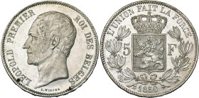 BELGIQUE, Royaume, Léopold Ier (1831-1865), AR 5 francs, 1850. Sans point au-dessus de la date. Bogaert 460A. Petits coups et petites taches au droit....