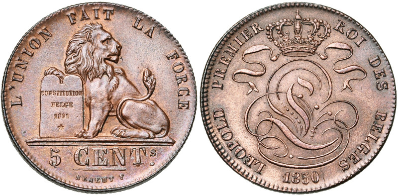 BELGIQUE, Royaume, Léopold Ier (1831-1865), Cu 5 centimes, 1850. 0 étroit. BRAEM...