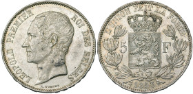 BELGIQUE, Royaume, Léopold Ier (1831-1865), AR 5 francs, 1853. Dupriez 541. Taches au droit.

Superbe à Fleur de Coin