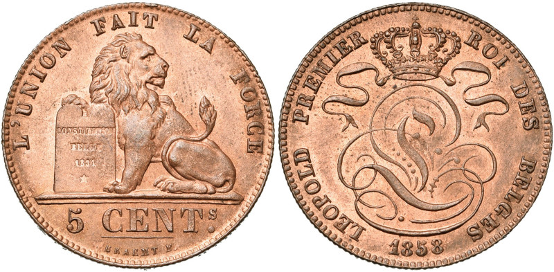 BELGIQUE, Royaume, Léopold Ier (1831-1865), Cu 5 centimes, 1858. Avec croix sur ...