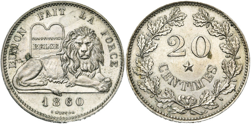 BELGIQUE, Royaume, Léopold Ier (1831-1865), 20 centimes, 1860. Essai de Wiener e...