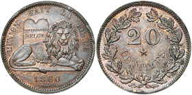 BELGIQUE, Royaume, Léopold Ier (1831-1865), 20 centimes, 1860. Essai de Wiener en cuivre. Tranche lisse. Dupriez 768. Très rare. La tranche irrégulièr...